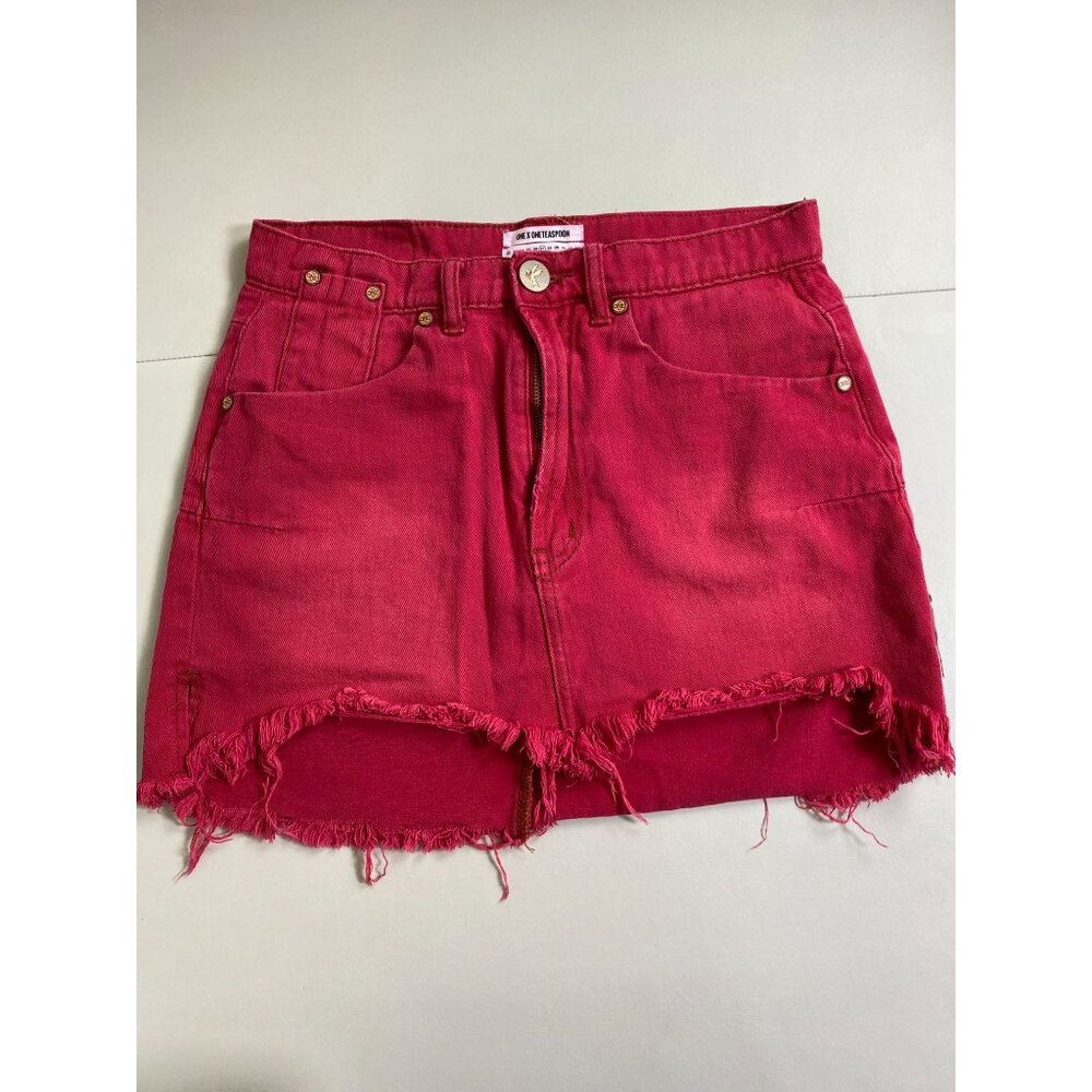 ONE X ONE TEASPOON Red Vanguard Denim Mini Skirt Size 27 Raw Hem festival Wester